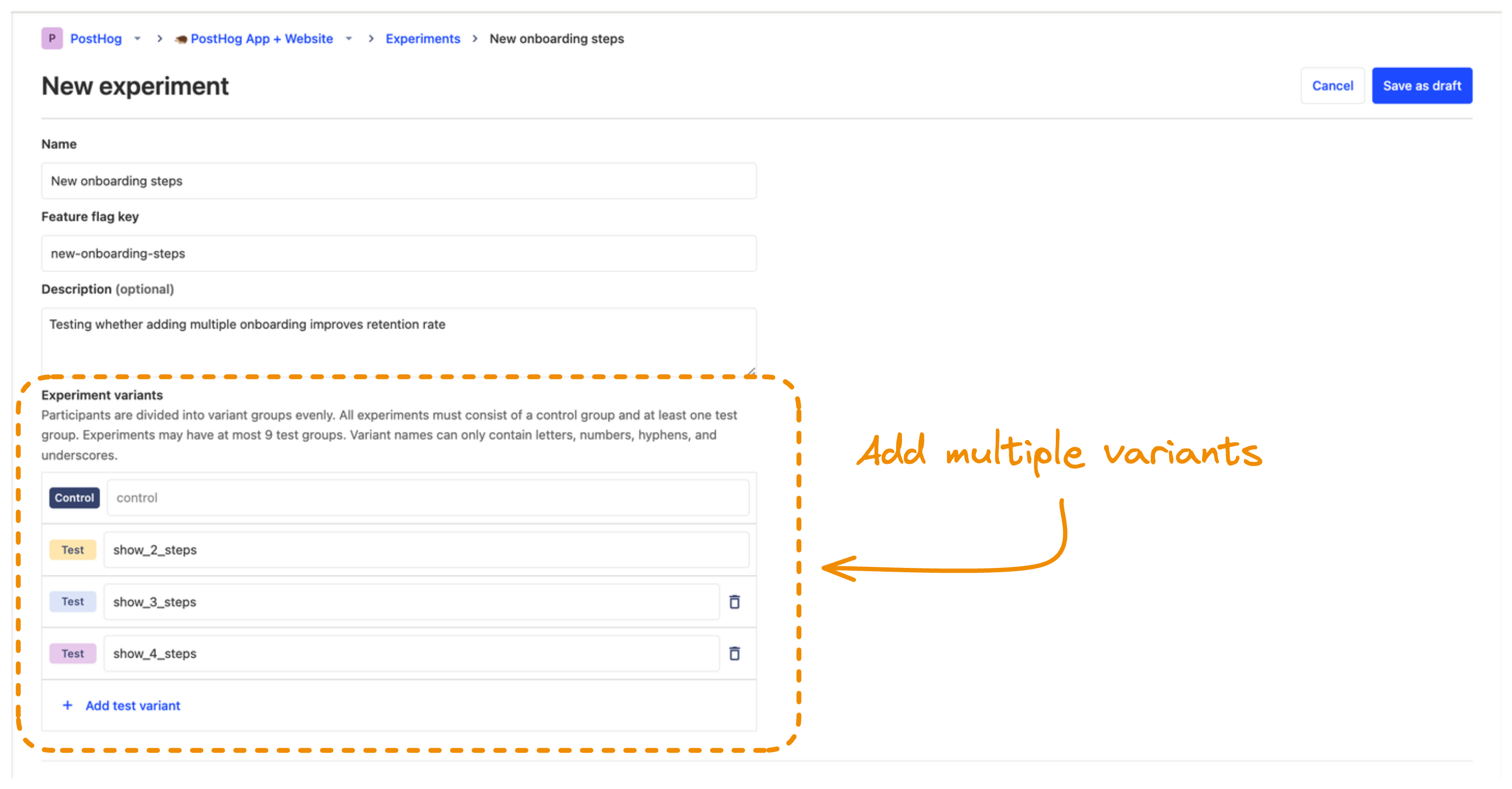 Creating multivariant tests in PostHog