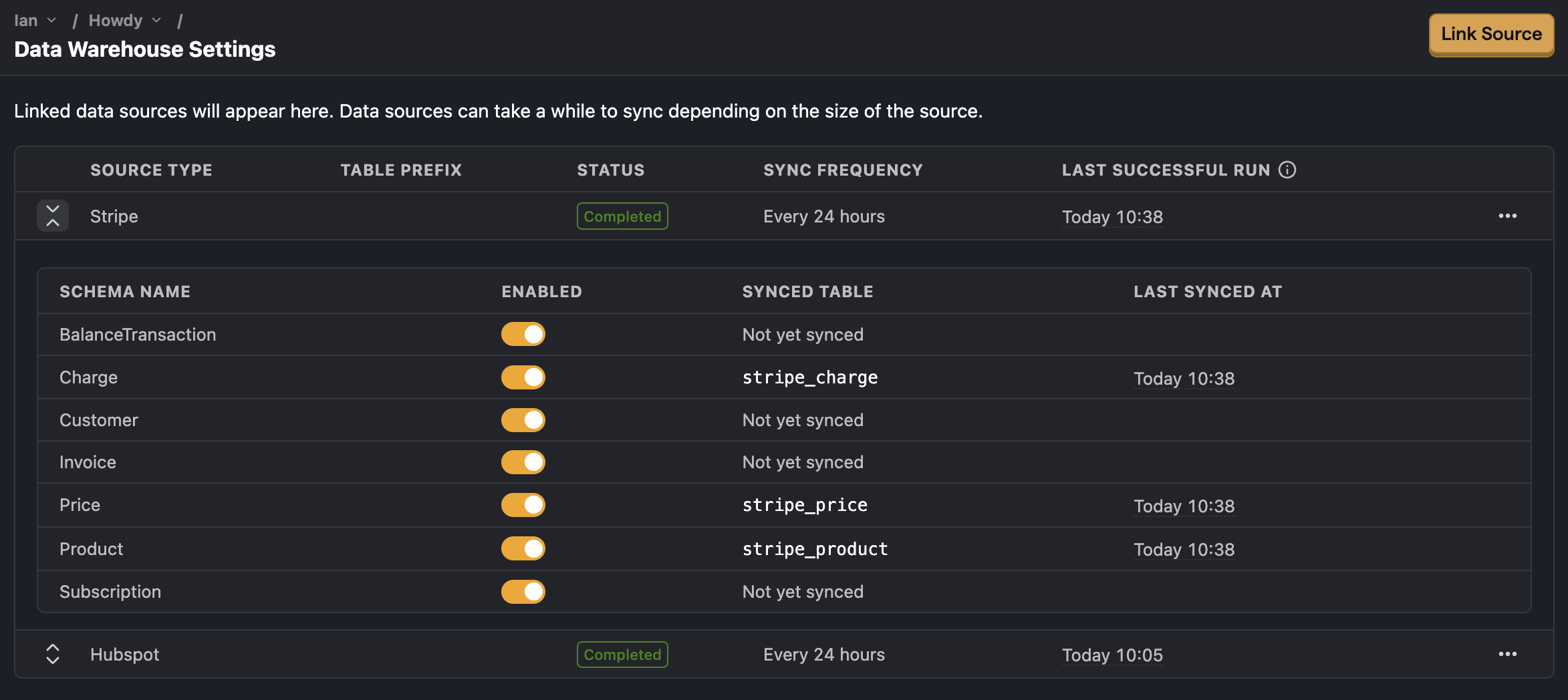 Data warehouse settings in PostHog